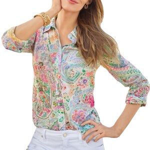 Talbots Festive Floral Paisley Multicolor 100% Cotton Button Up Shirt Size Large